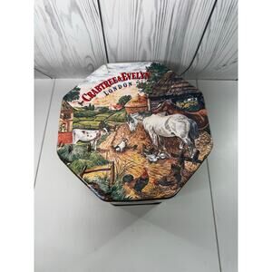 Vintage 1985 Crabtree and Evelyn Octagon Tin Farm Horse Chicken Tall Round